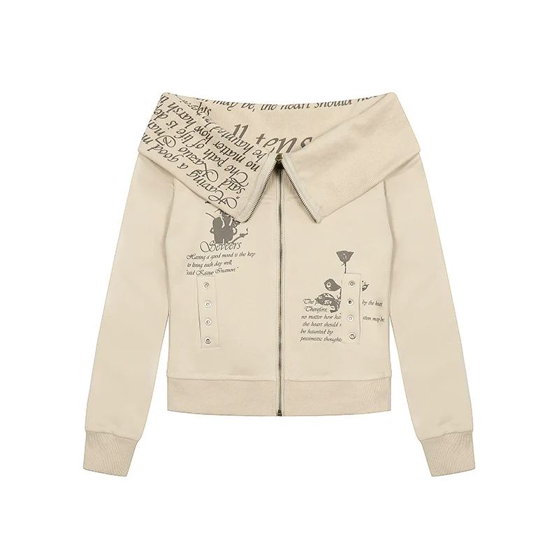 Young Eyes Art Student Beige Navy Blue Off Shoulder Jacket Top - Image 8