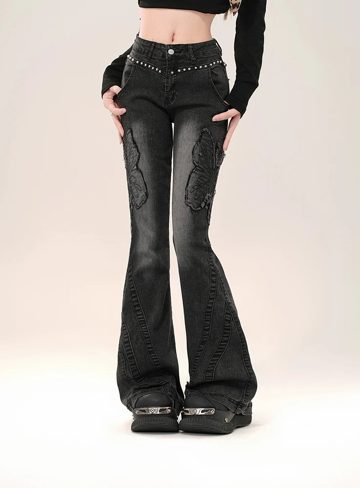 Young Eyes Butterfly Contour Black Blue Denim Flared Jeans Pants - Image 5