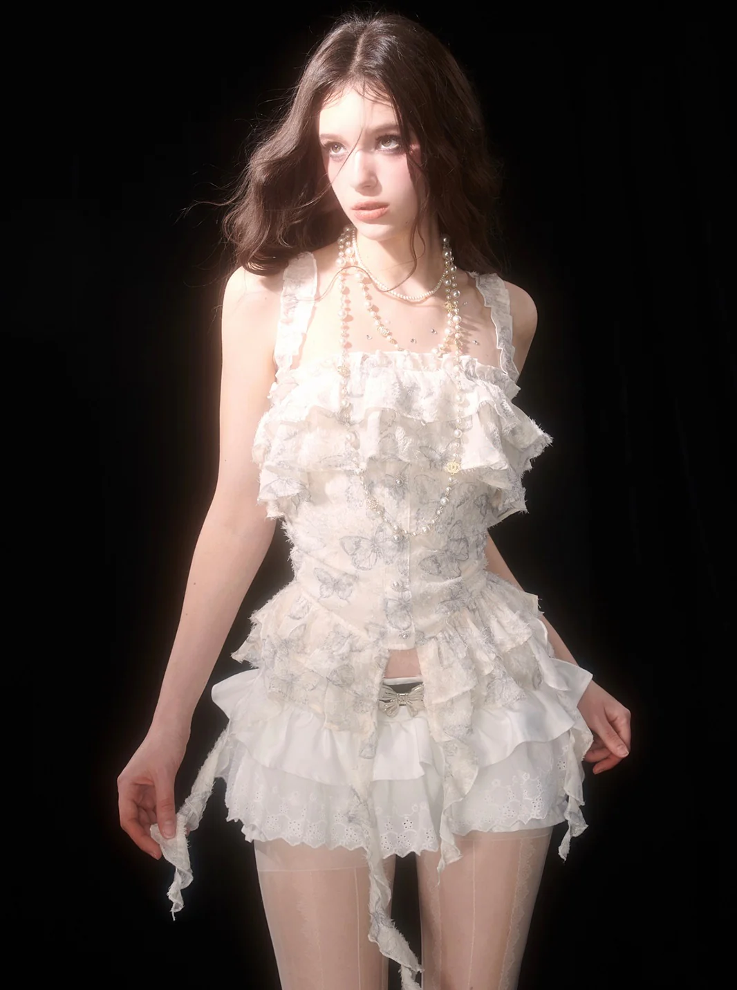 Young Eyes Butterfly Ruffle White Camisole Top & Bloomers Shorts Two Piece Set - Image 2
