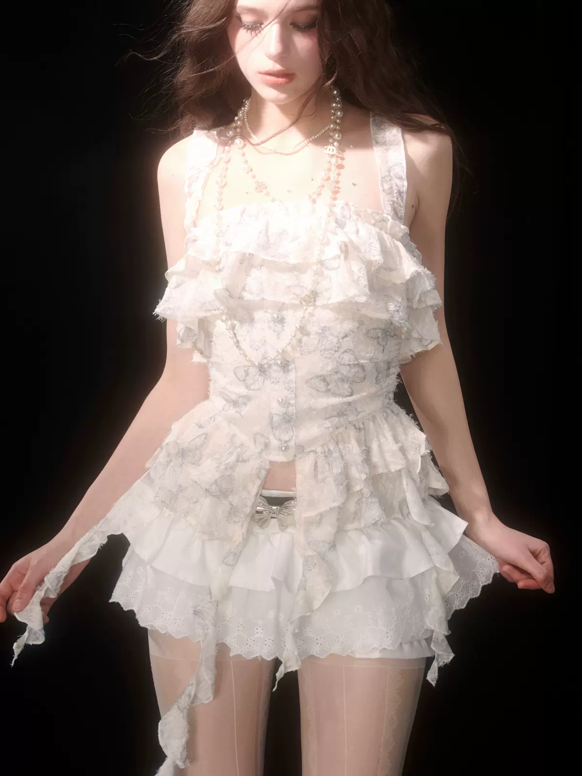 Young Eyes Butterfly Ruffle White Camisole Top & Bloomers Shorts Two Piece Set - Image 4