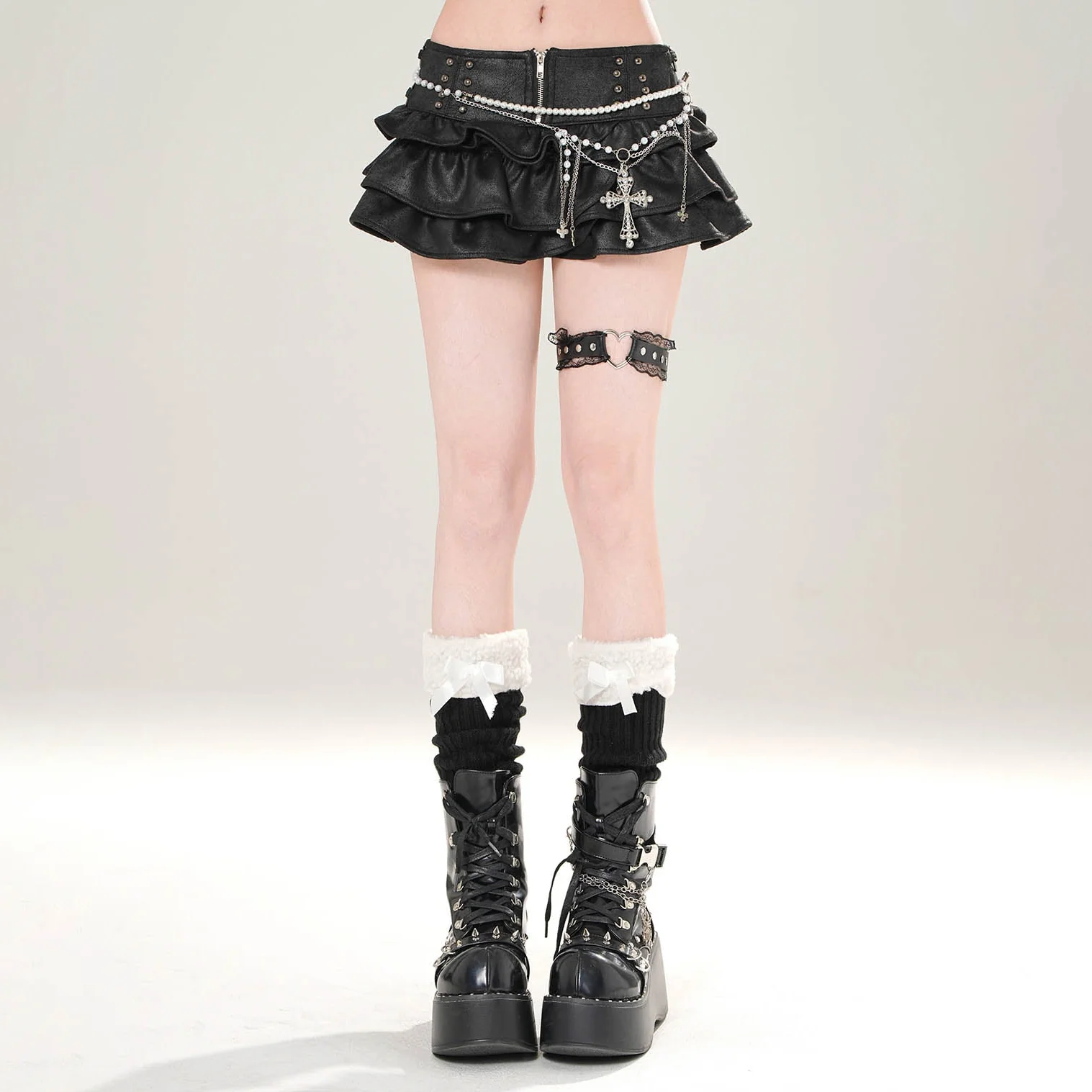 Young Eyes Dark Leather Zip Up Black Beige Mini Skirt