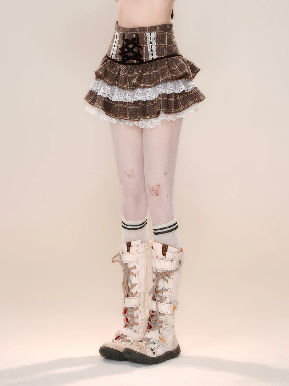 Young Eyes Fluffy Brown Plaid Lace Mini Skirt - Image 3