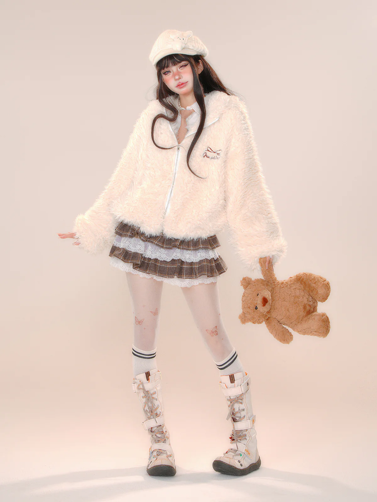 Young Eyes Fluffy Brown Plaid Lace Mini Skirt - Image 5