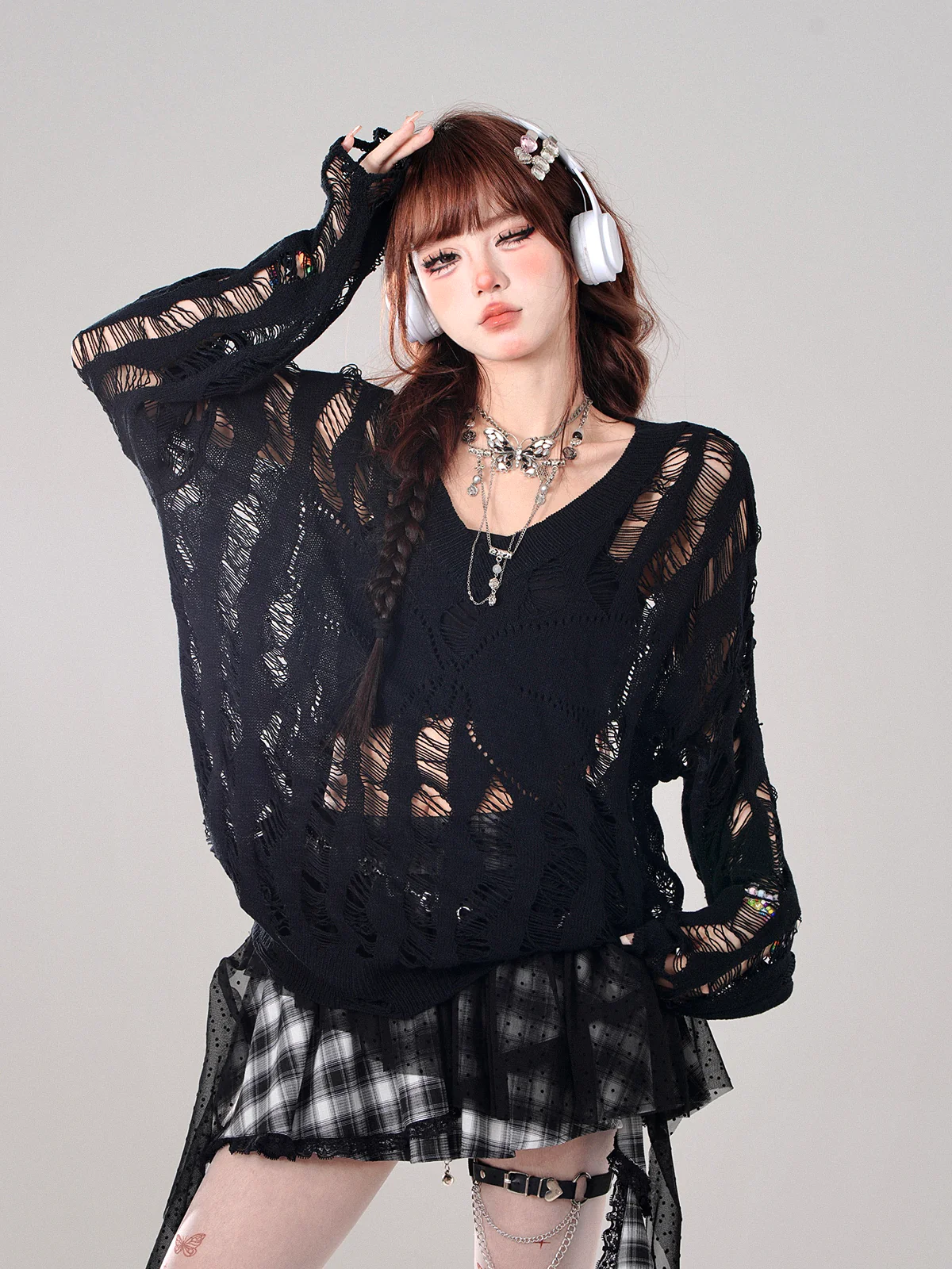 Young Eyes Hollow Butterfly Black & White Long Sleeve Knit Top - Image 2