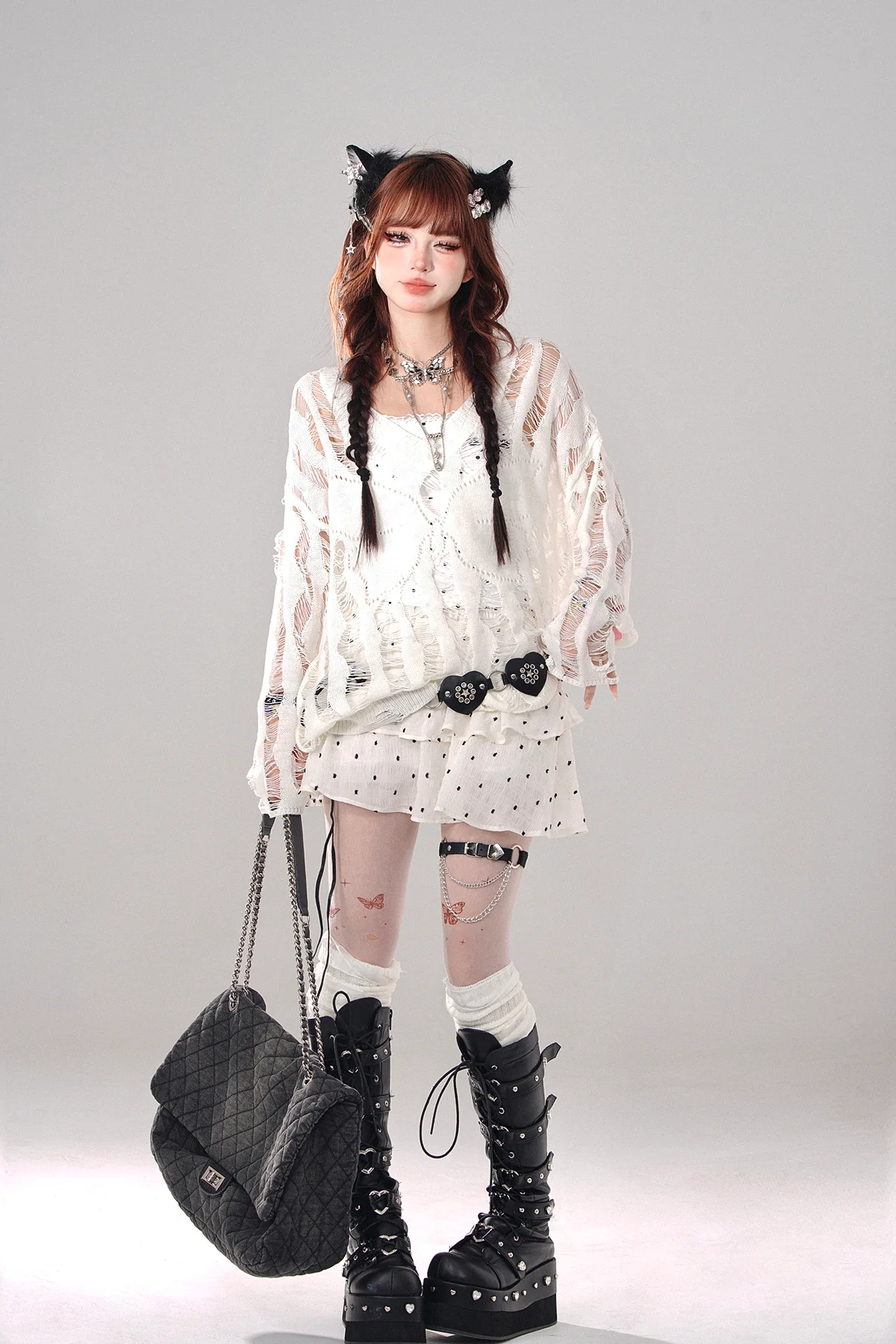 Young Eyes Hollow Butterfly Black & White Long Sleeve Knit Top - Image 3