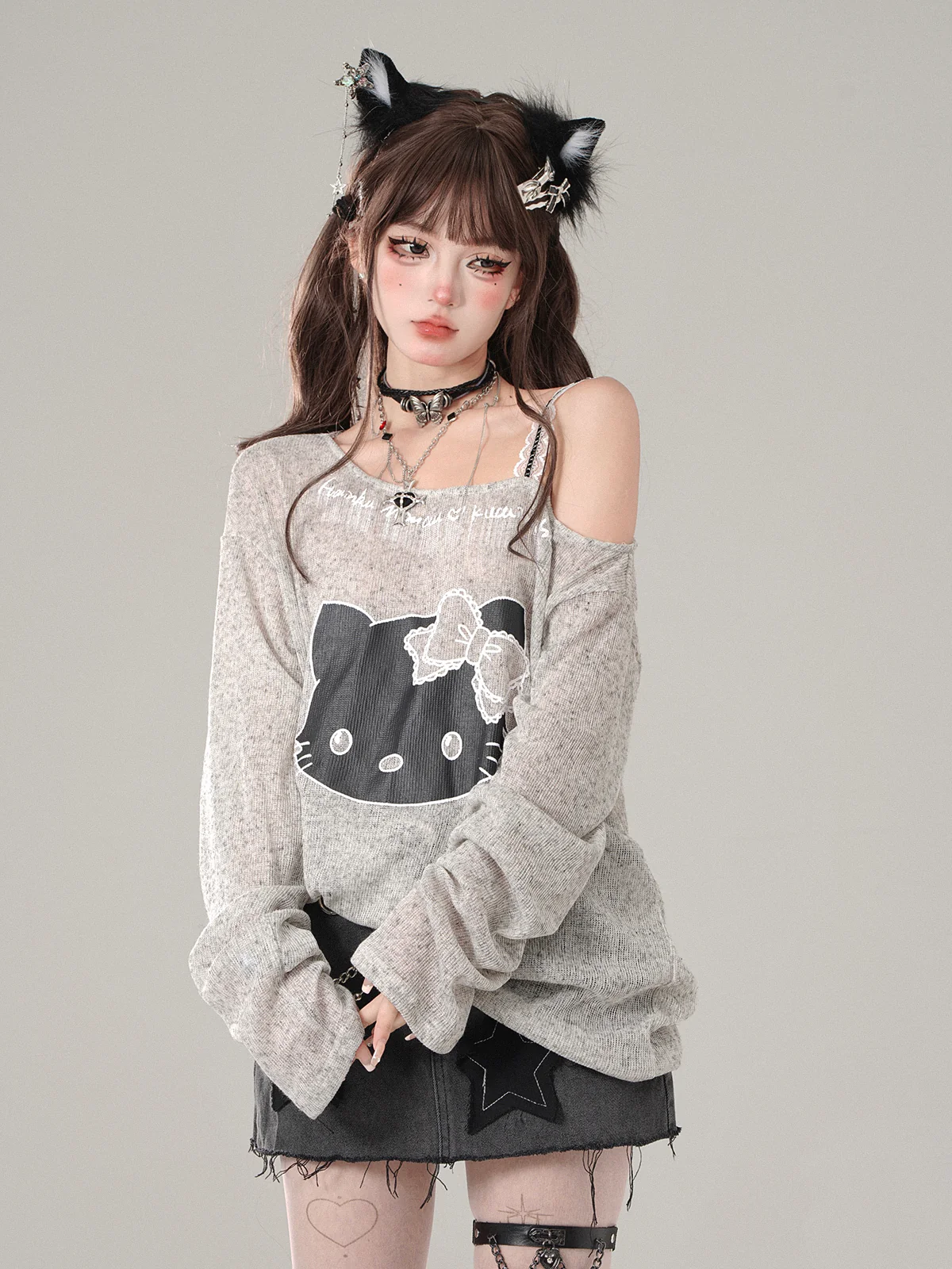 Young Eyes Lazy Kitty Cat Black & Gray Off Shoulder Top - Image 2