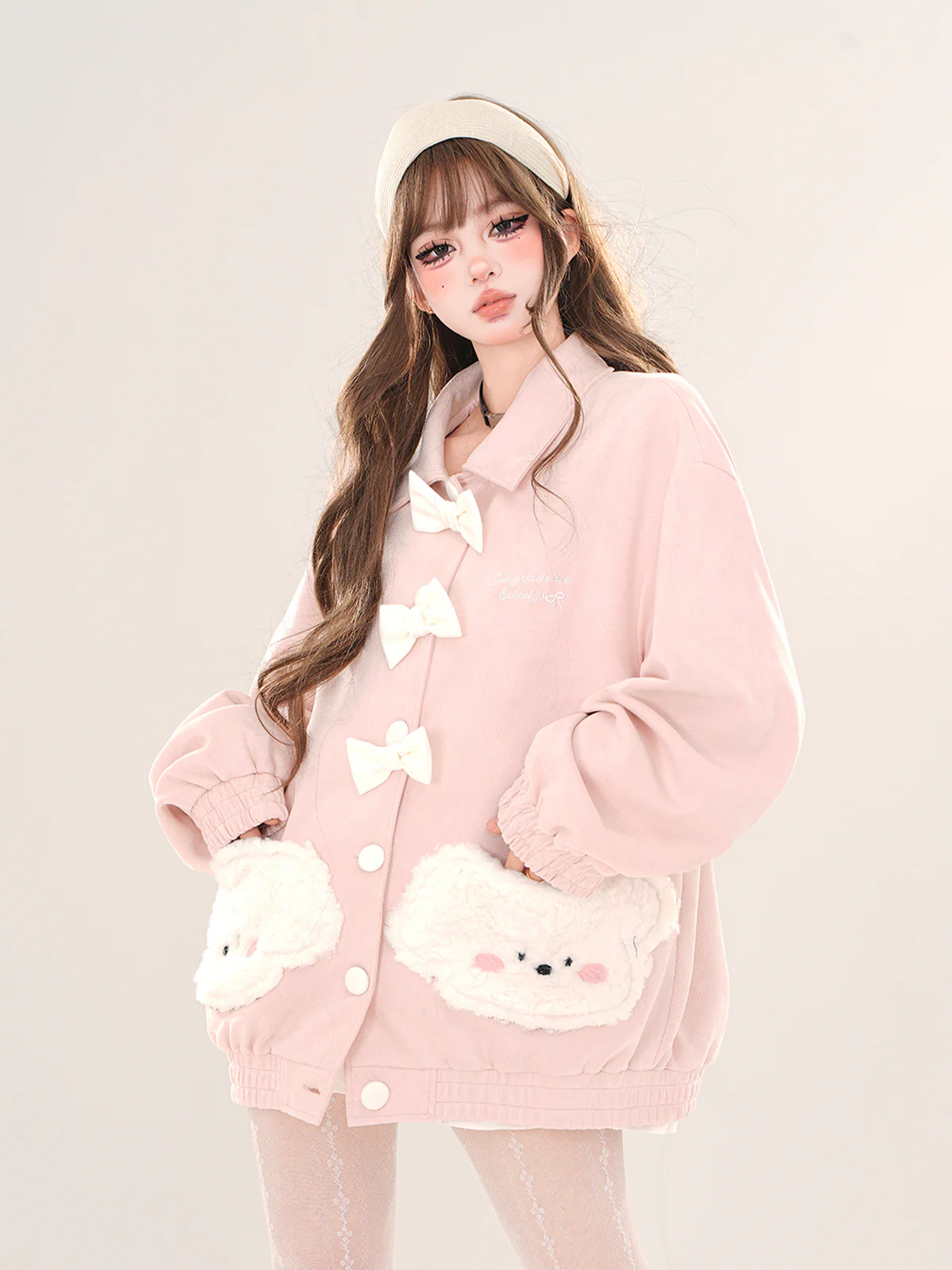 Young Eyes Love Puppy Bow White Pink Jacket - Image 4