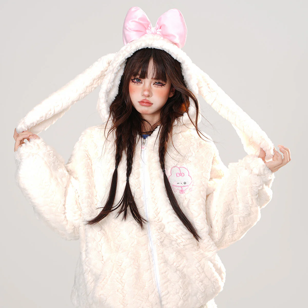 Young Eyes Midnight Rabbit Ears Bow Black White Jacket Hoodie