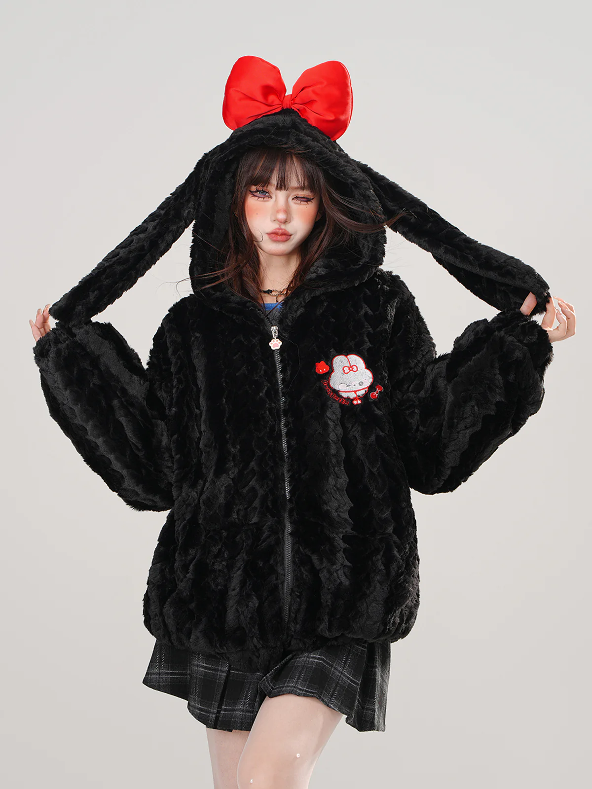 Young Eyes Midnight Rabbit Ears Bow Black White Jacket Hoodie - Image 2