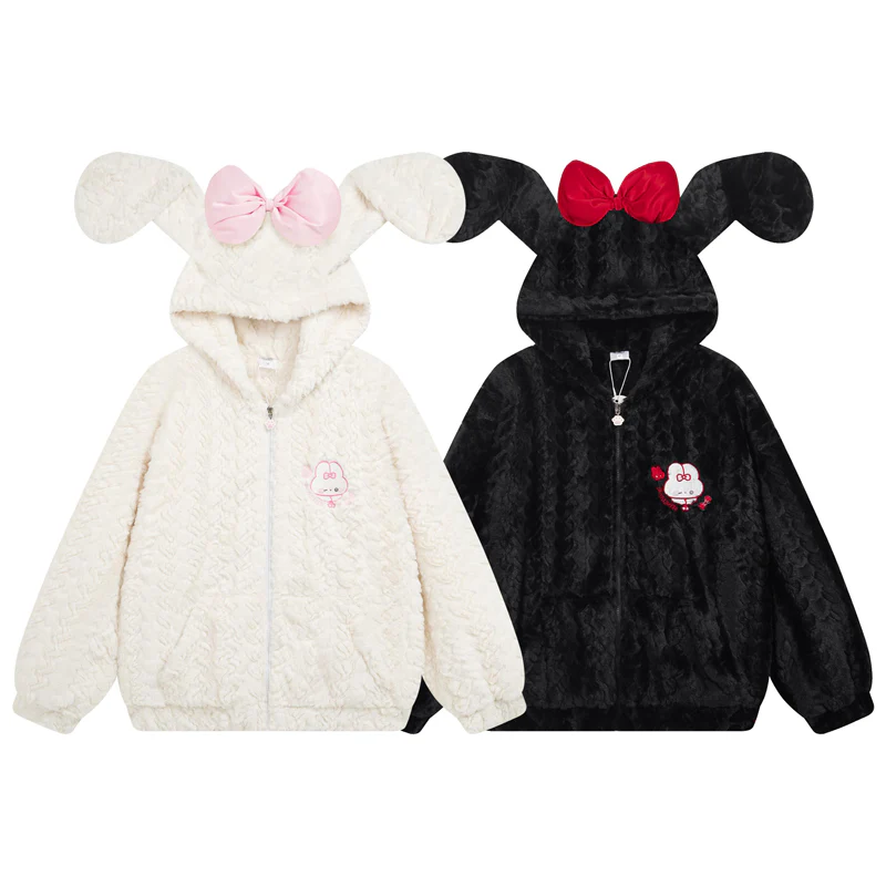 Young Eyes Midnight Rabbit Ears Bow Black White Jacket Hoodie - Image 3