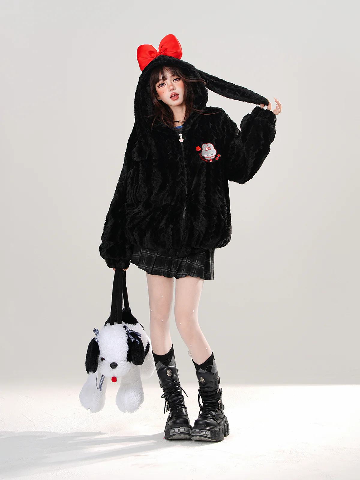 Young Eyes Midnight Rabbit Ears Bow Black White Jacket Hoodie - Image 7