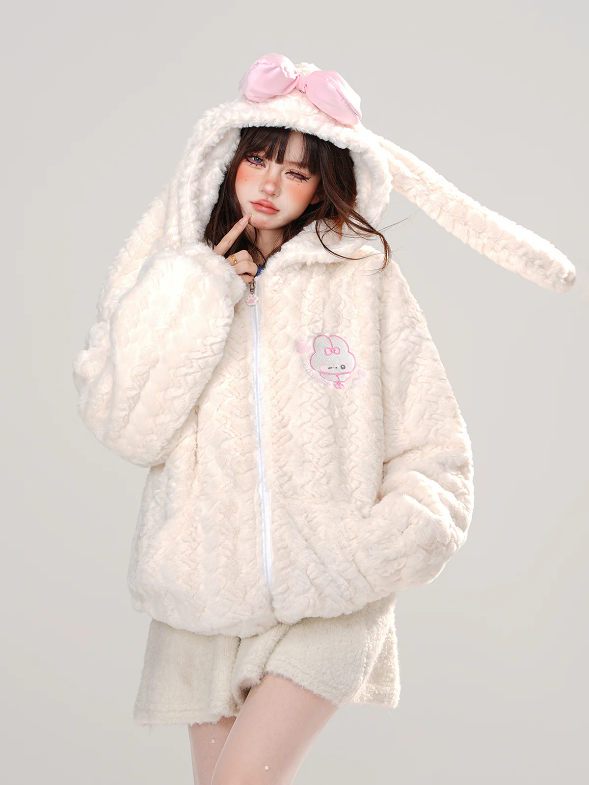 Young Eyes Midnight Rabbit Ears Bow Black White Jacket Hoodie - Image 8