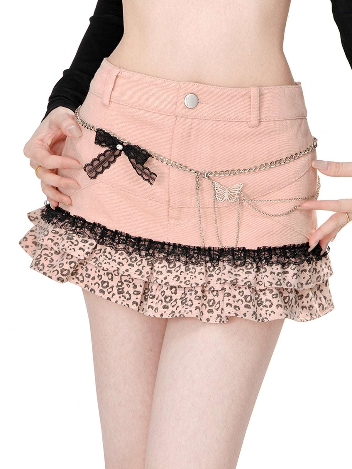 Young Eyes Minuet Pink Brown Leopard Lace Mini Skirt - Image 2