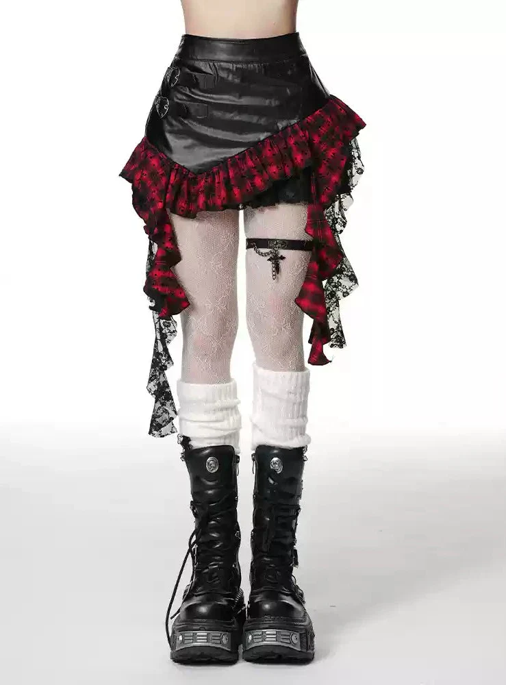 Young Eyes Ninth Street Plaid Black Red Leather Mini Skirt - Image 4
