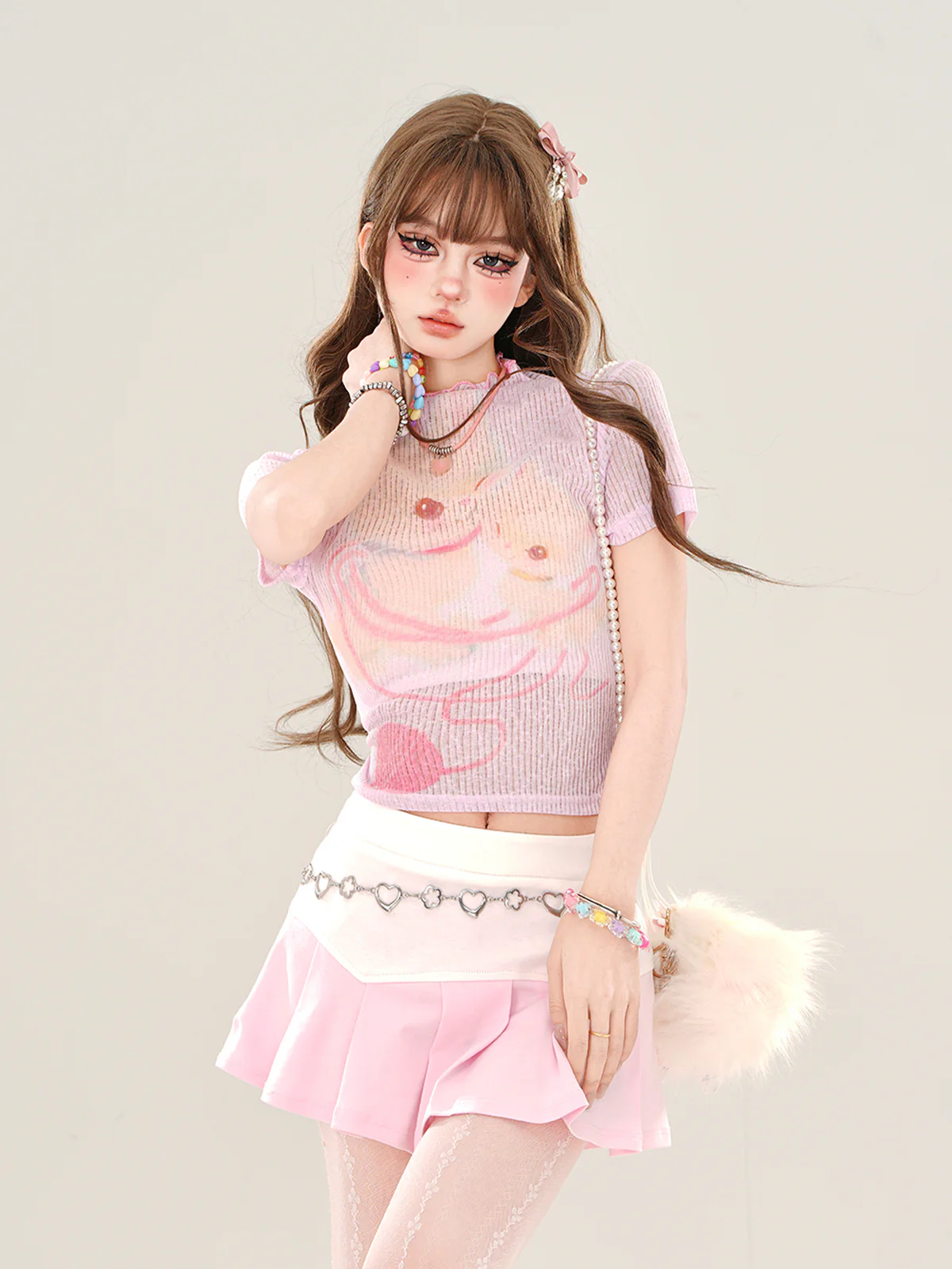 Young Eyes Yarn Cat Sheer White Pink Top - Image 5