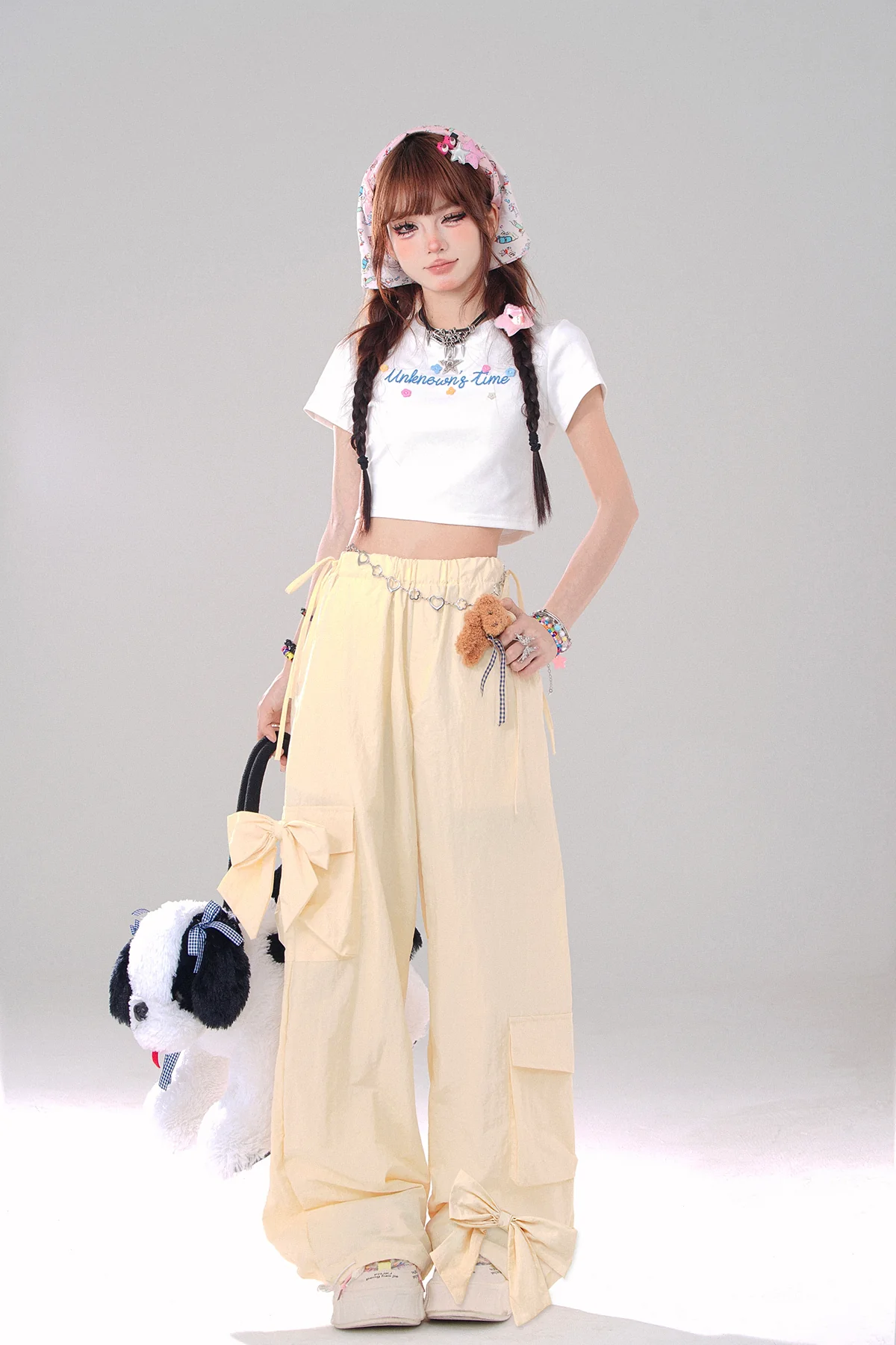 Young Eyes Pie Bow Pink & Yellow Elastic Waist Gathered Pants - Image 6