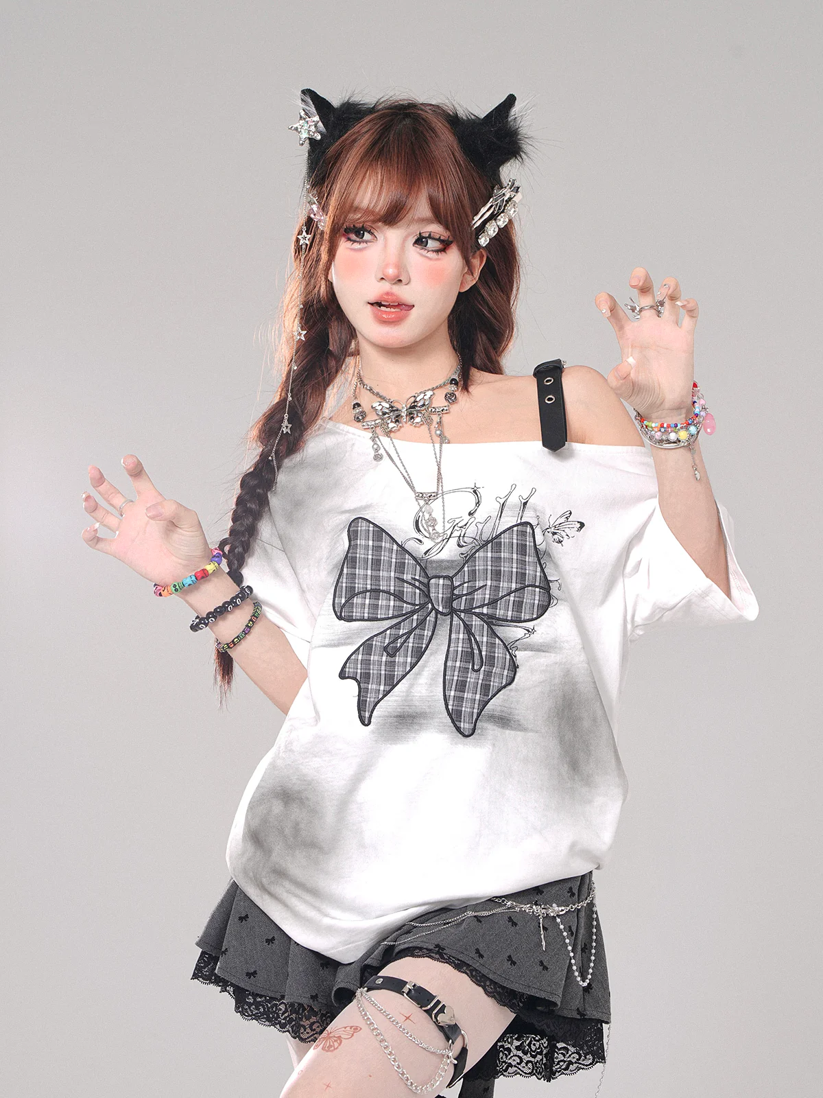Young Eyes Plaid Bow Gray & White Off Shoulder Oversize Top - Image 3