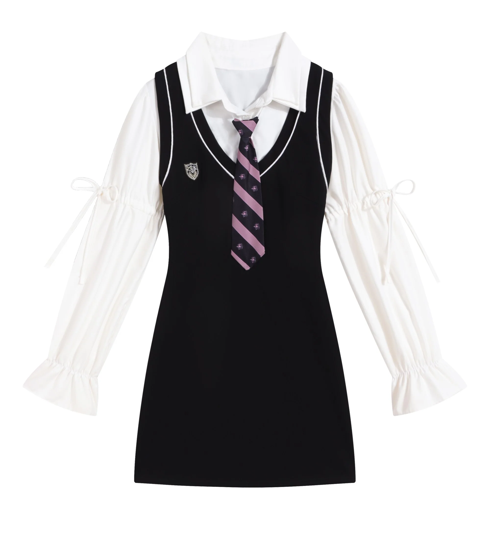 Young Eyes Preppy College School Girl Academia Black & White Shirt Dress Two Piece Set - Image 10