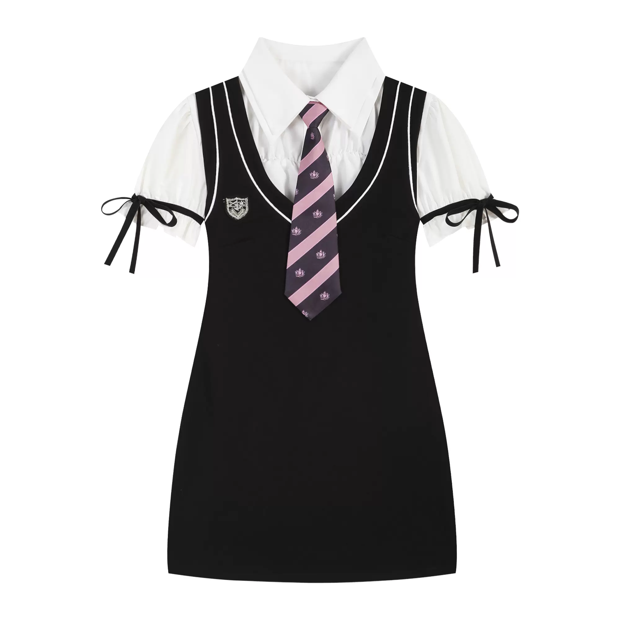 Young Eyes Preppy College School Girl Academia Black & White Shirt Dress Two Piece Set - Image 11