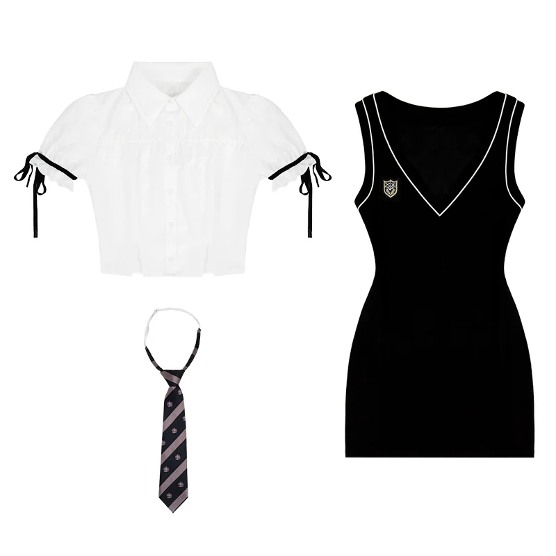 Young Eyes Preppy College School Girl Academia Black & White Shirt Dress Two Piece Set - Image 12