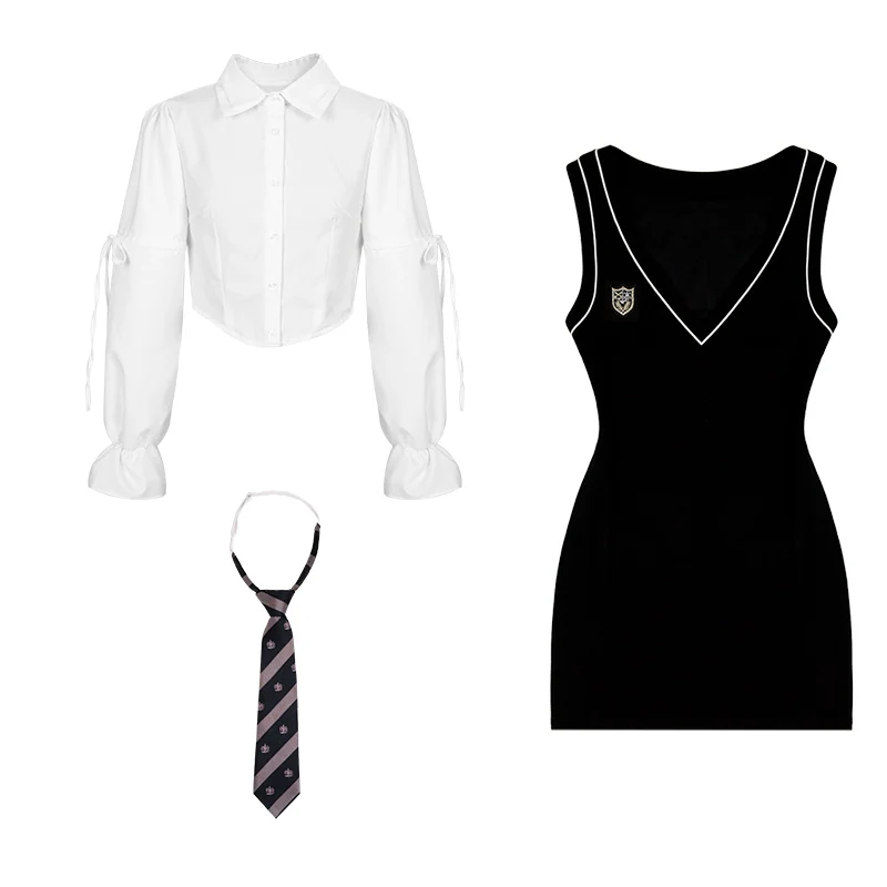 Young Eyes Preppy College School Girl Academia Black & White Shirt Dress Two Piece Set - Image 13