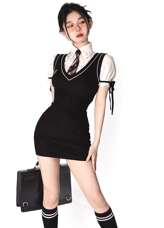 Young Eyes Preppy College School Girl Academia Black & White Shirt Dress Two Piece Set - Image 2