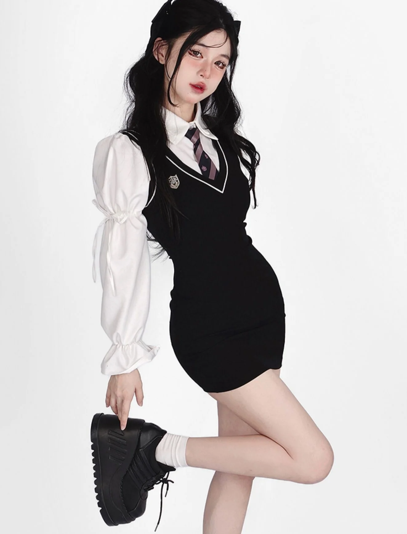 Young Eyes Preppy College School Girl Academia Black & White Shirt Dress Two Piece Set - Image 3
