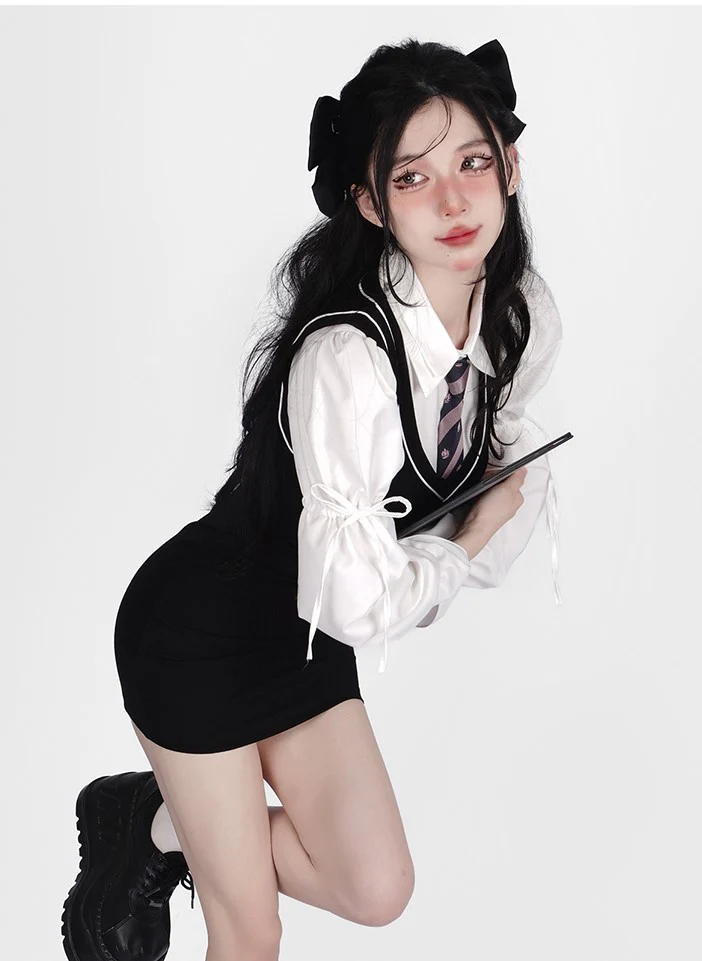Young Eyes Preppy College School Girl Academia Black & White Shirt Dress Two Piece Set - Image 4