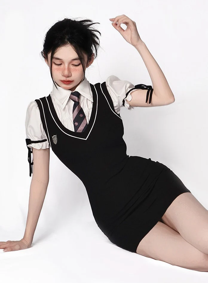 Young Eyes Preppy College School Girl Academia Black & White Shirt Dress Two Piece Set - Image 5