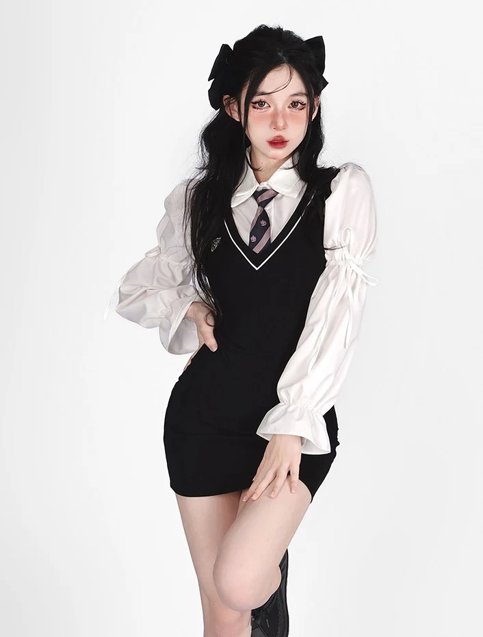 Young Eyes Preppy College School Girl Academia Black & White Shirt Dress Two Piece Set - Image 7