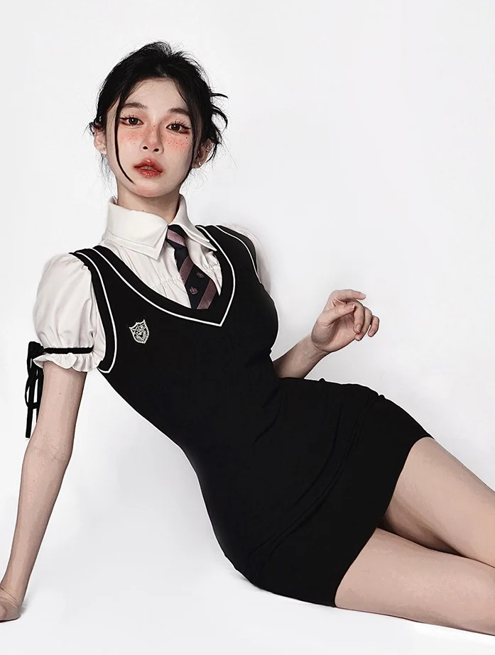 Young Eyes Preppy College School Girl Academia Black & White Shirt Dress Two Piece Set - Image 8