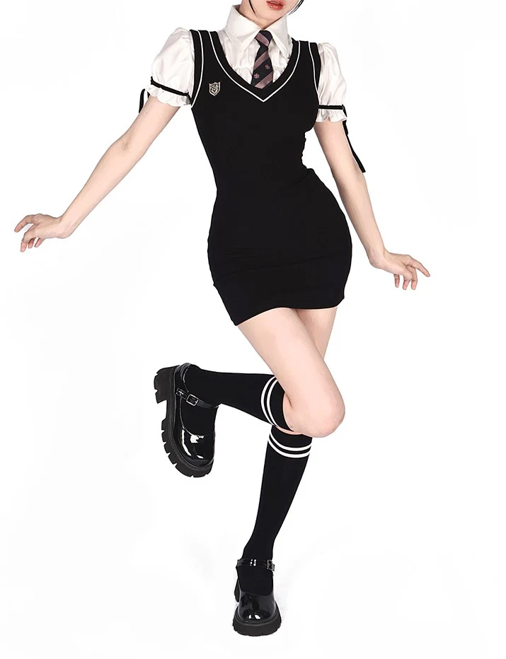 Young Eyes Preppy College School Girl Academia Black & White Shirt Dress Two Piece Set - Image 9