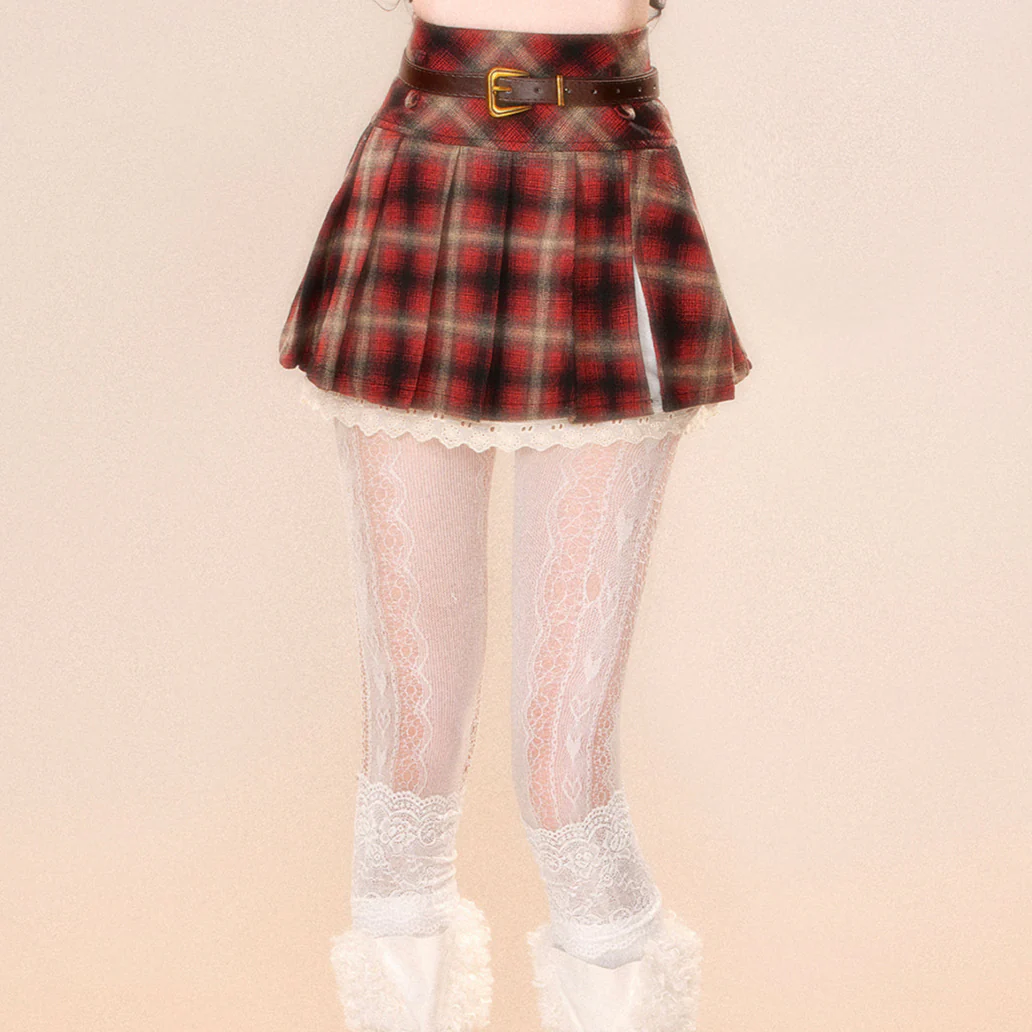 Young Eyes Retro Story Red Yellow Plaid Pleated Skirt