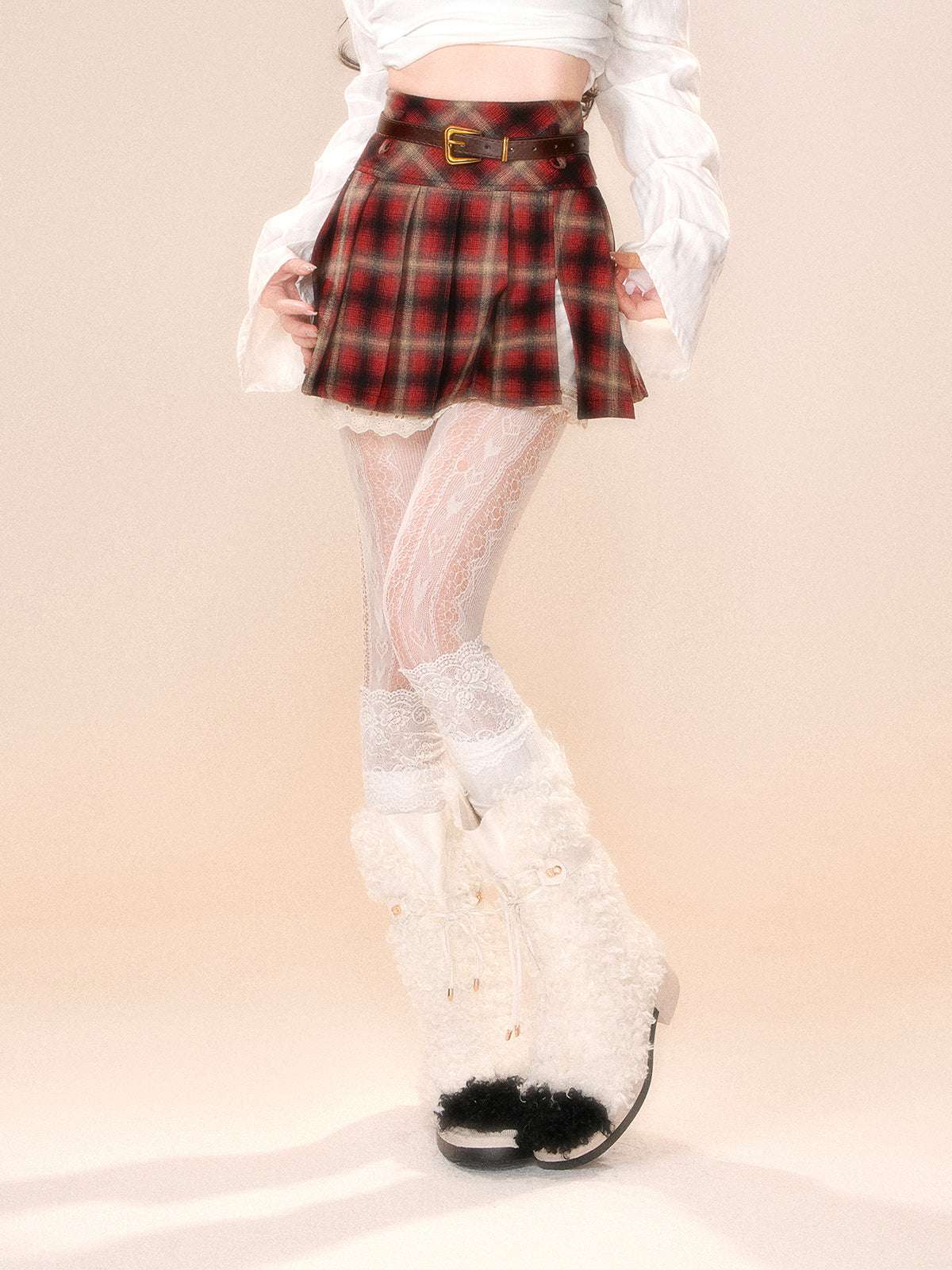 Young Eyes Retro Story Red Yellow Plaid Pleated Skirt - Image 6