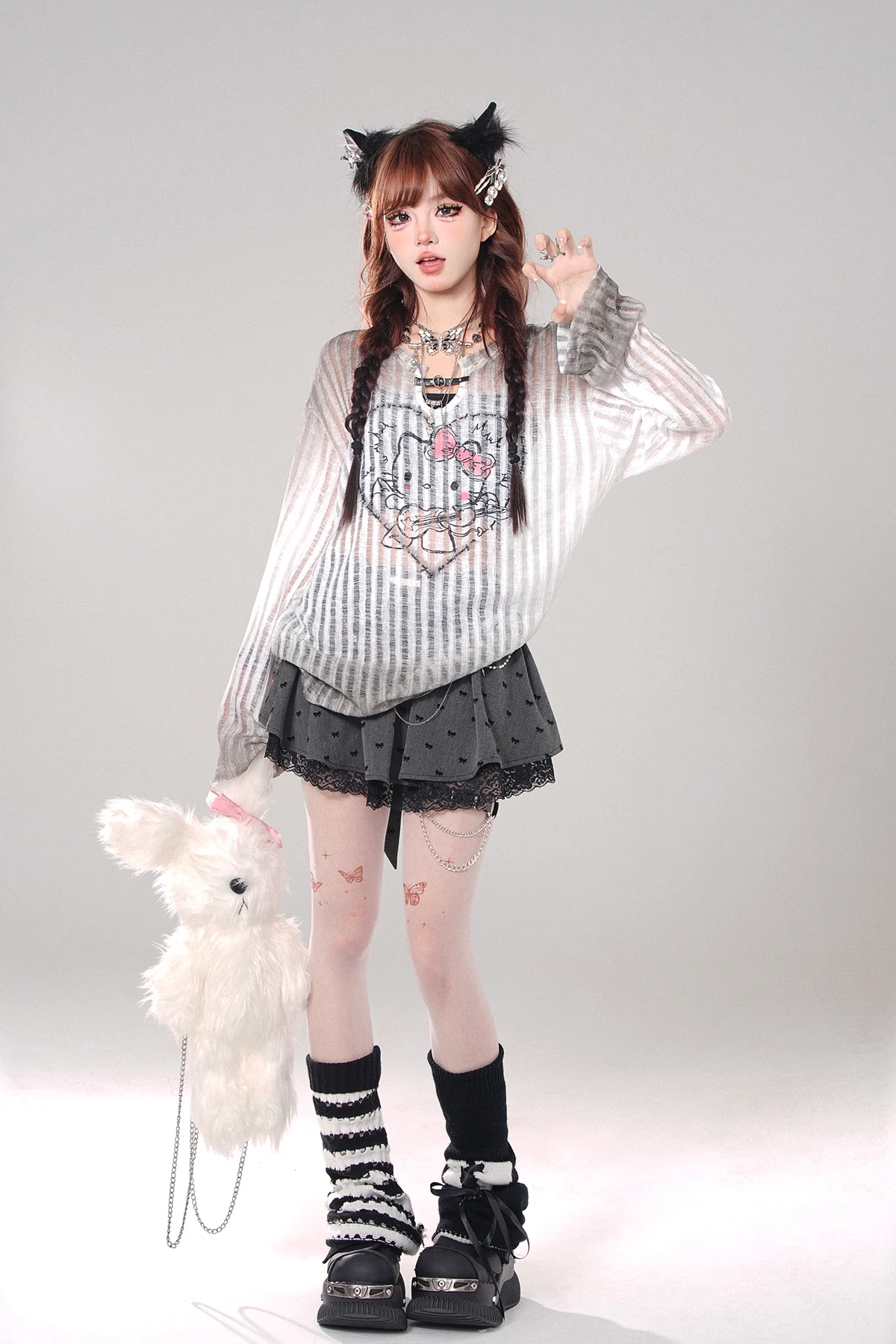Young Eyes See Through Kitty Cat Black & White Top - Image 6