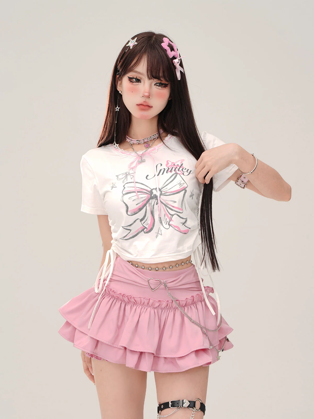 Young Eyes Smiley Bow Pink White Shirt Top - Image 3