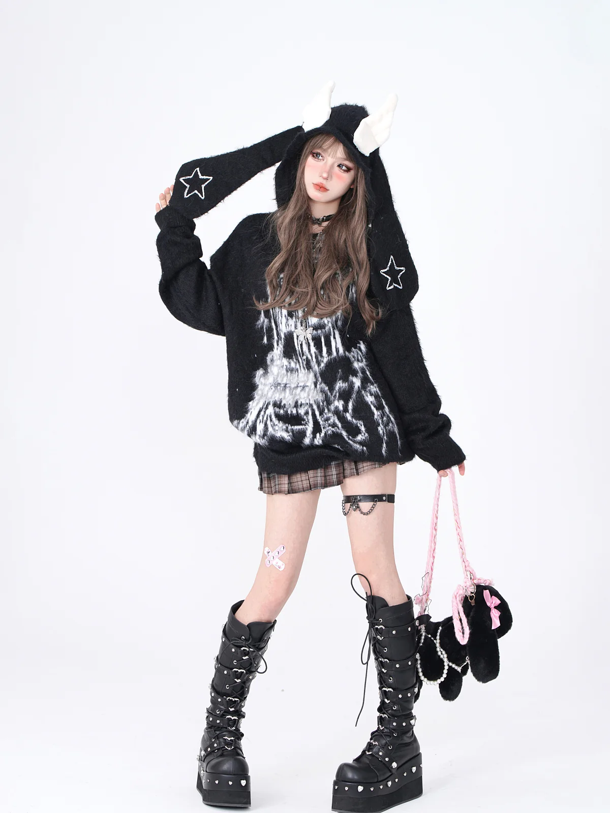Young Eyes Star Wings Anime Girl Blue White Black Fuzzy Rabbit Ears Hoodie - Image 6