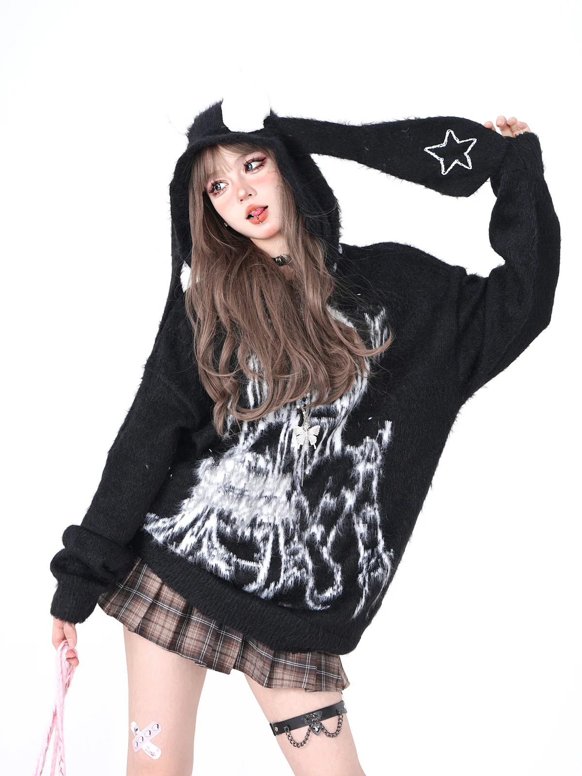 Young Eyes Star Wings Anime Girl Blue White Black Fuzzy Rabbit Ears Hoodie - Image 9