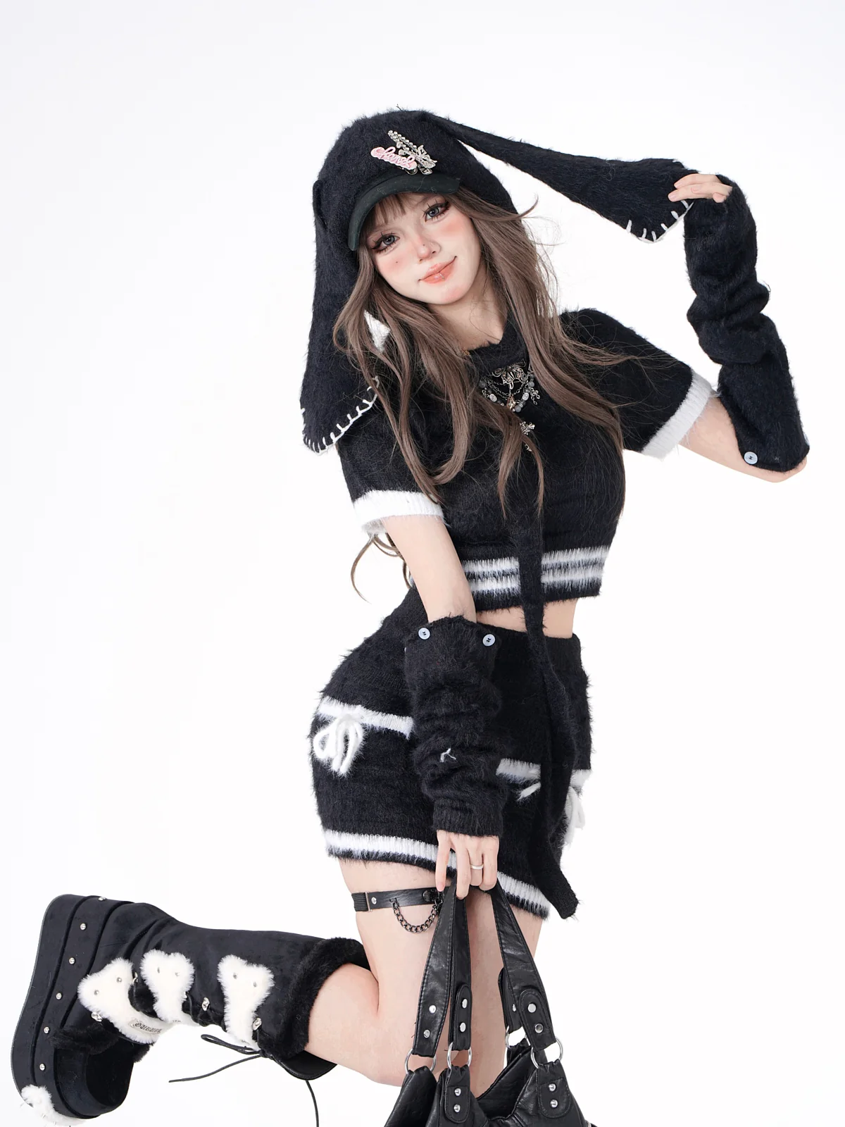 Young Eyes Winter Black Pink Fuzzy Shirt Top & Mini Skirt & Arm Warmers Three Piece Set - Image 2