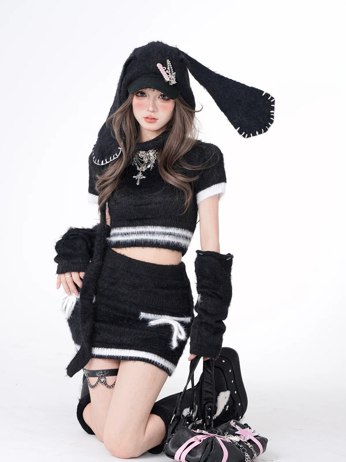 Young Eyes Winter Black Pink Fuzzy Shirt Top & Mini Skirt & Arm Warmers Three Piece Set - Image 4