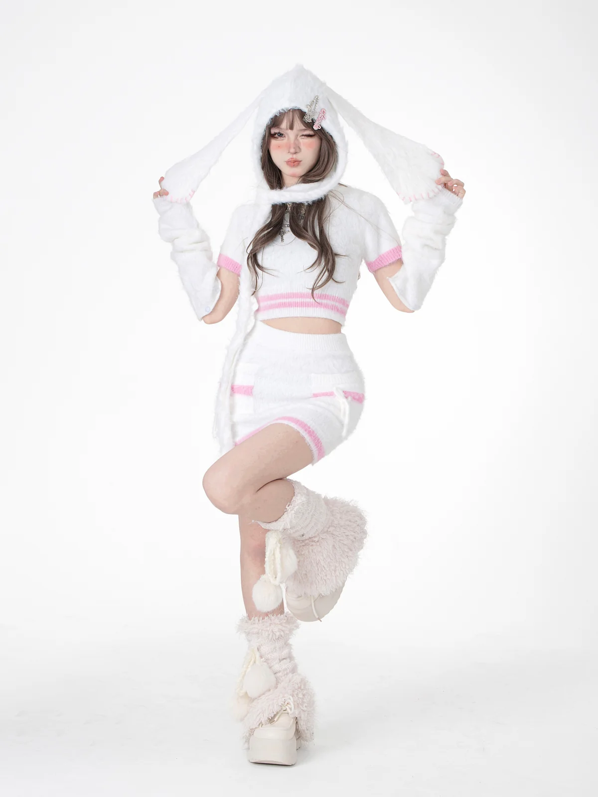 Young Eyes Winter Black Pink Fuzzy Shirt Top & Mini Skirt & Arm Warmers Three Piece Set - Image 5