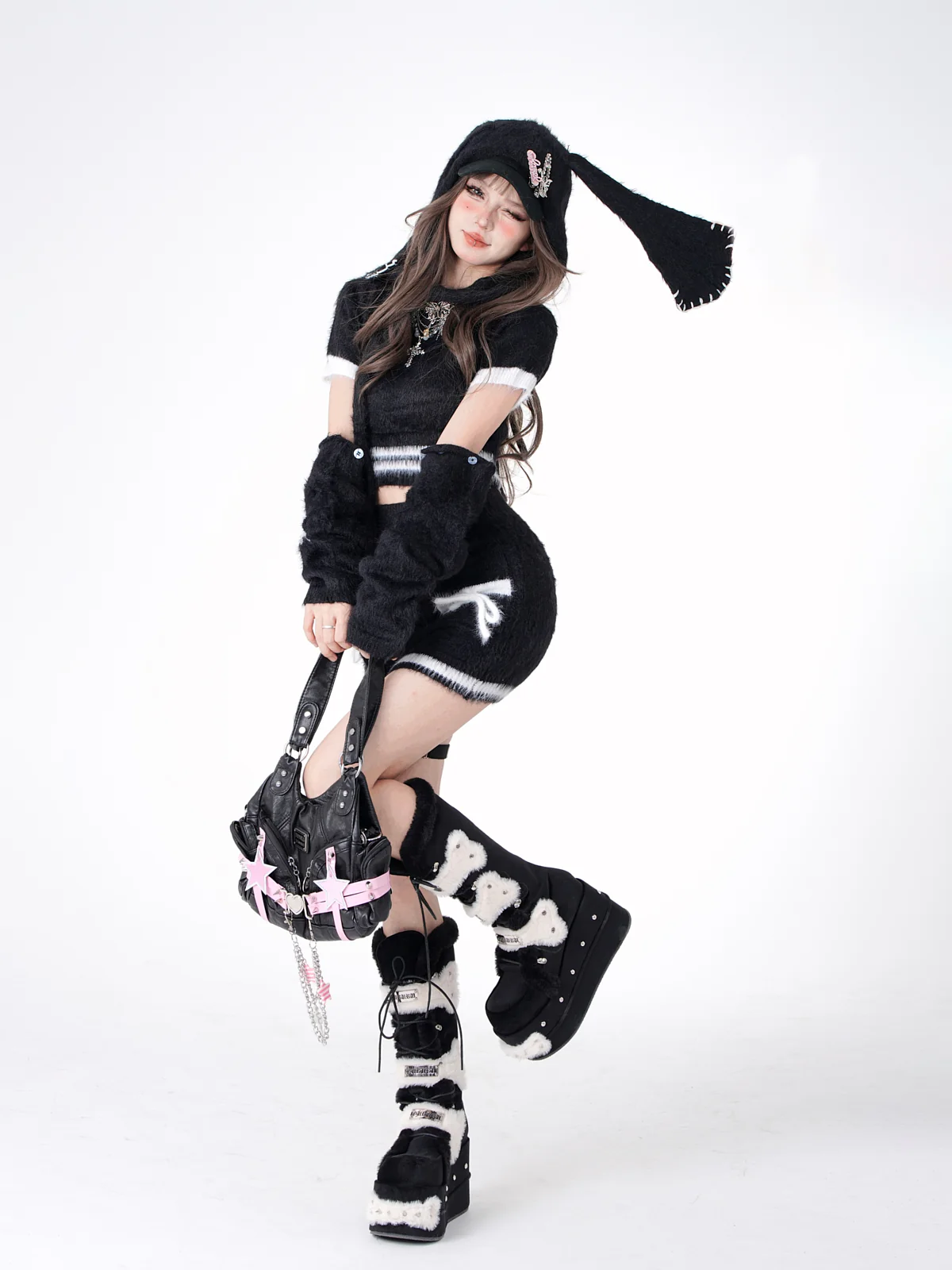 Young Eyes Winter Black Pink Fuzzy Shirt Top & Mini Skirt & Arm Warmers Three Piece Set - Image 6