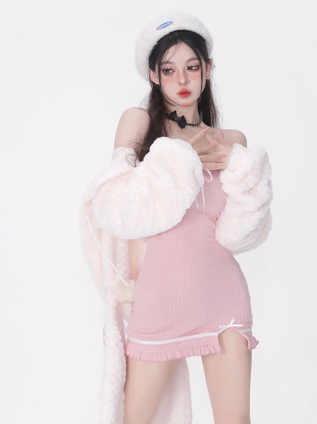 Young Eyes Winter White Plush Rabbit Ears Jacket Pink Strap Dress Two Piece Set - Image 4
