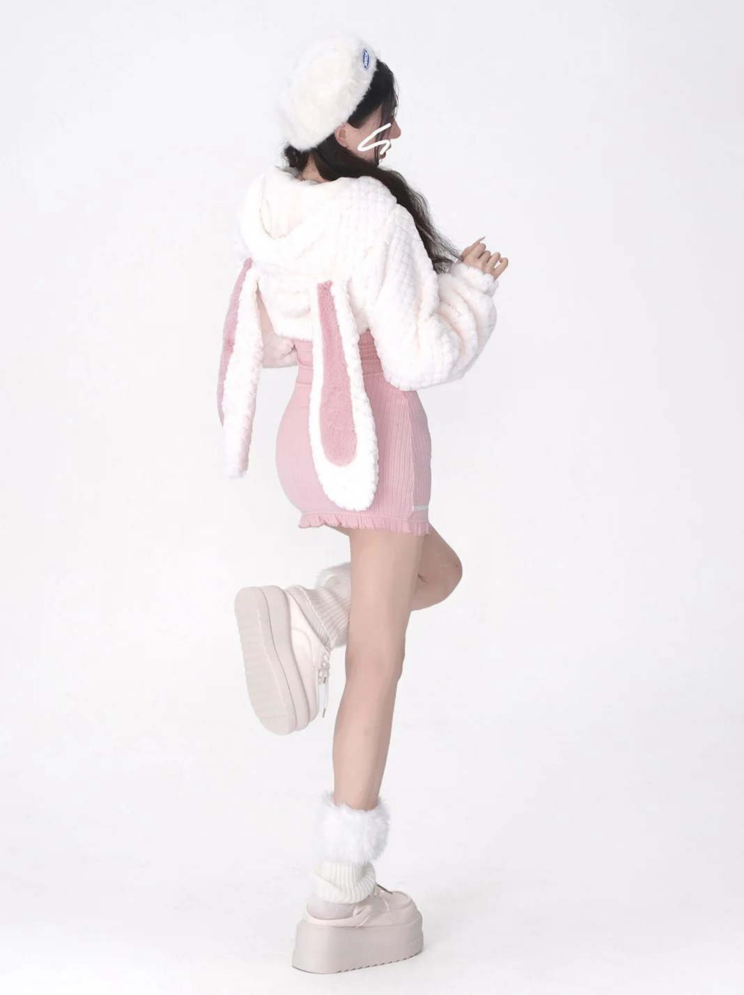 Young Eyes Winter White Plush Rabbit Ears Jacket Pink Strap Dress Two Piece Set - Image 6