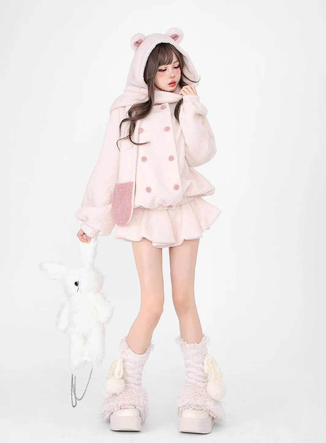 Young Eyes Winter White Soft Pink Plush Fleece Bear Hooded Scarf Jacket & Skirt Two Piece Set - Image 5