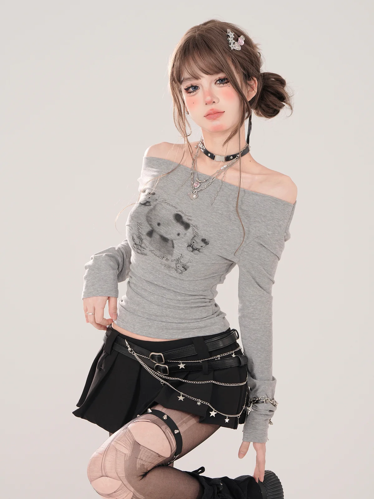 Young Eyes Y2K Kitty Cat White & Gray Slim Fit Shirt Top - Image 2