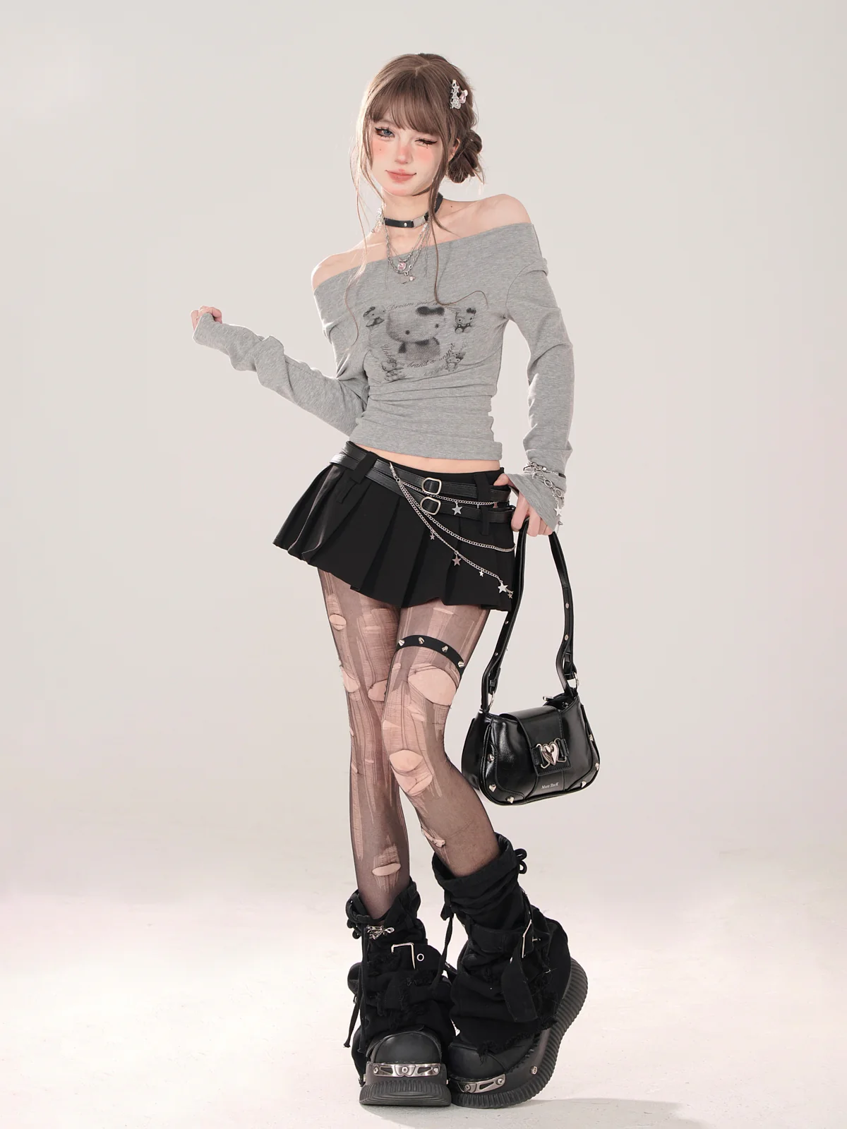 Young Eyes Y2K Kitty Cat White & Gray Slim Fit Shirt Top - Image 4