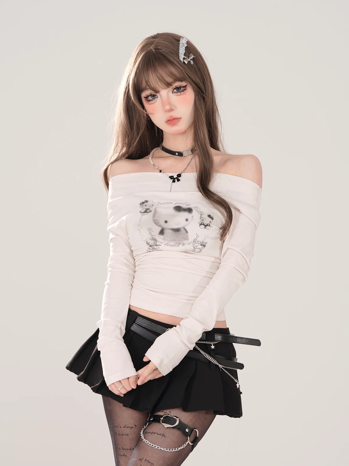 Young Eyes Y2K Kitty Cat White & Gray Slim Fit Shirt Top - Image 6