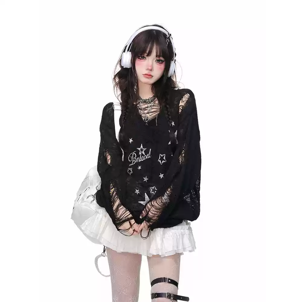 Young Eyes Y2K Stars Black White Ripped Sheer Top - Image 2