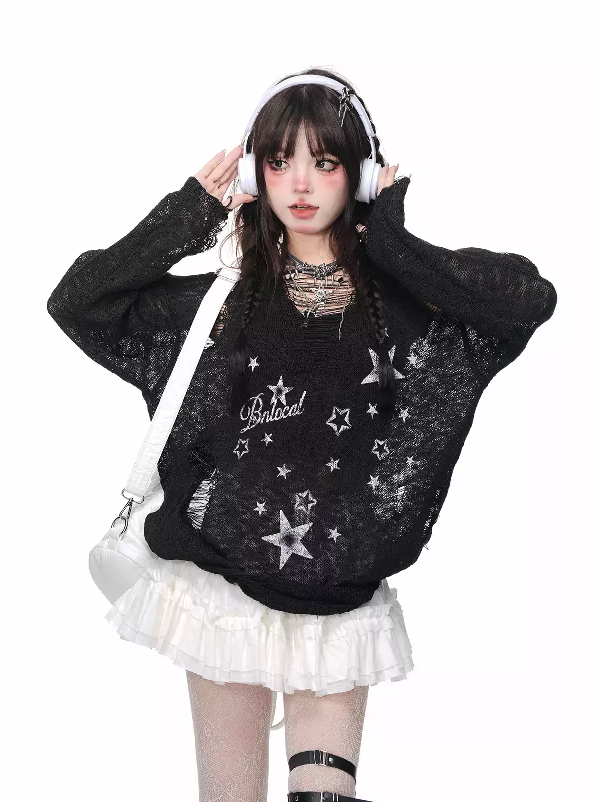 Young Eyes Y2K Stars Black White Ripped Sheer Top - Image 4